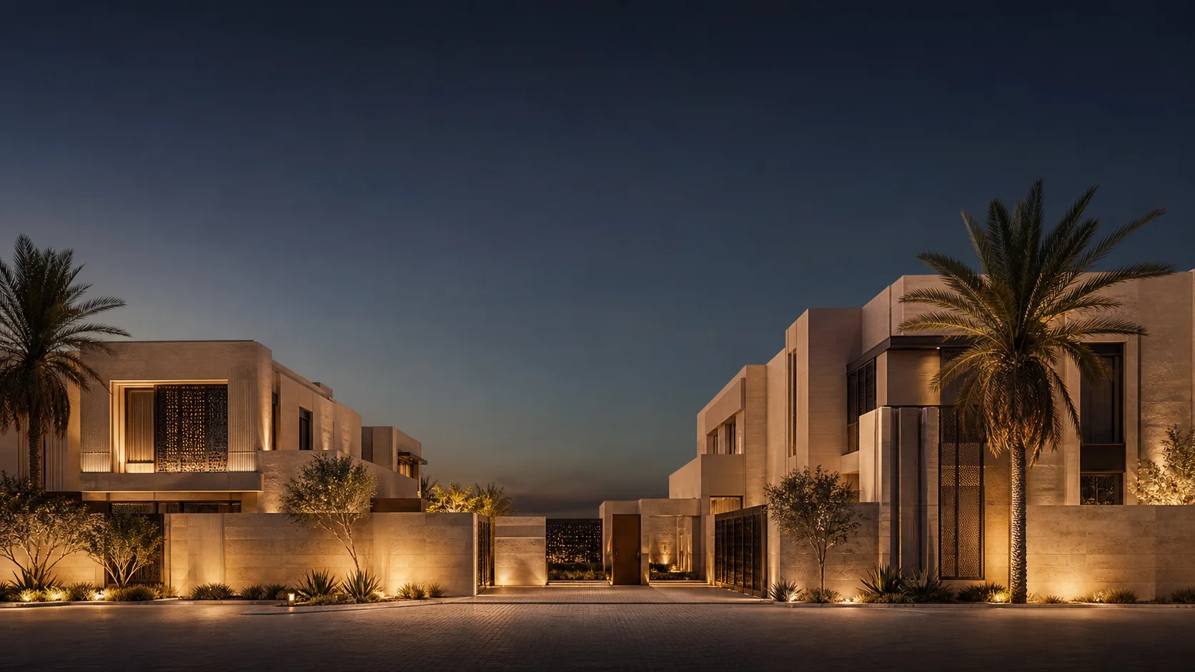 مجمع فلل سعودي عصري بإضاءة مسائية